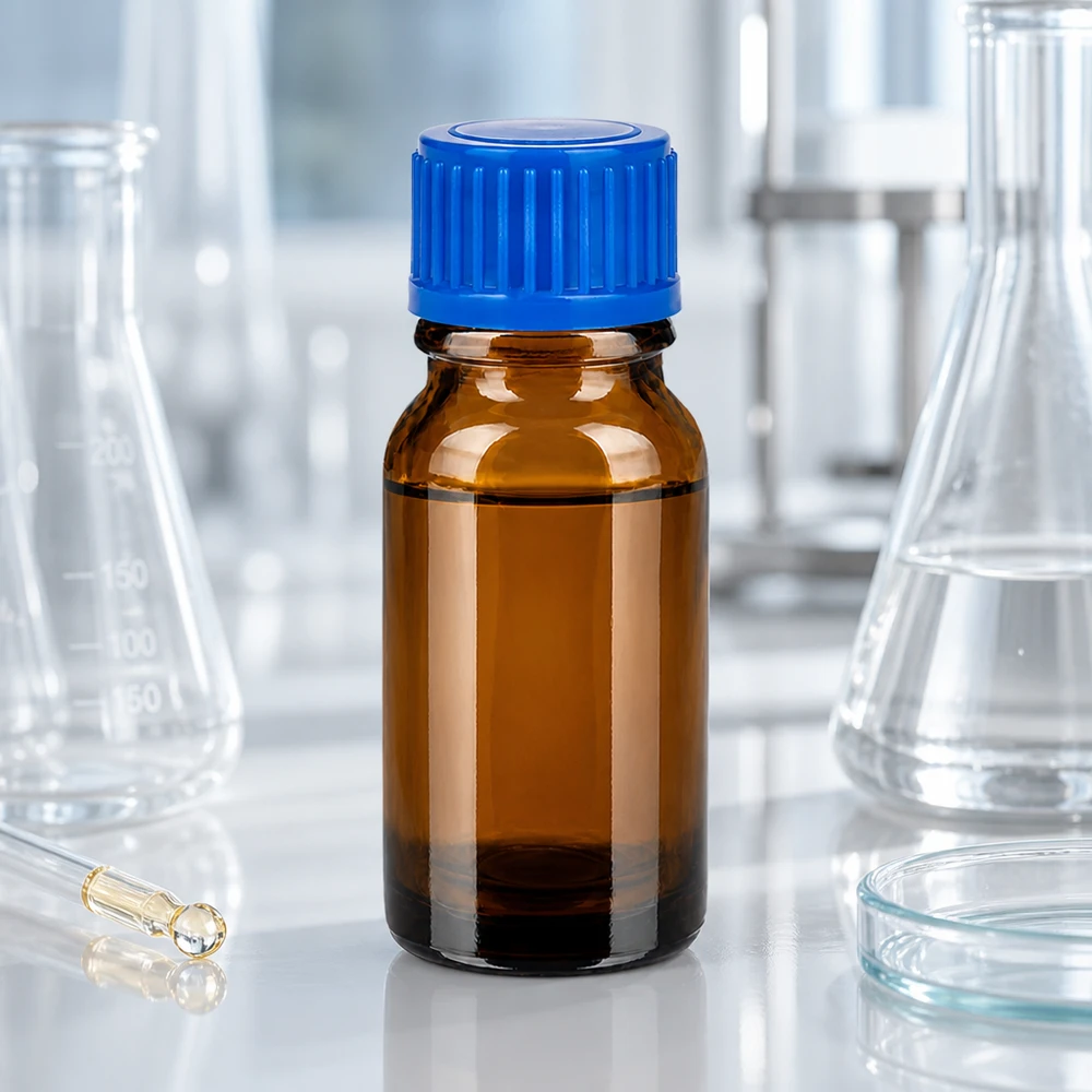 10 ml glasflaska av laboratoriekvalitet, brun med blå skruvkork för exakt dosering