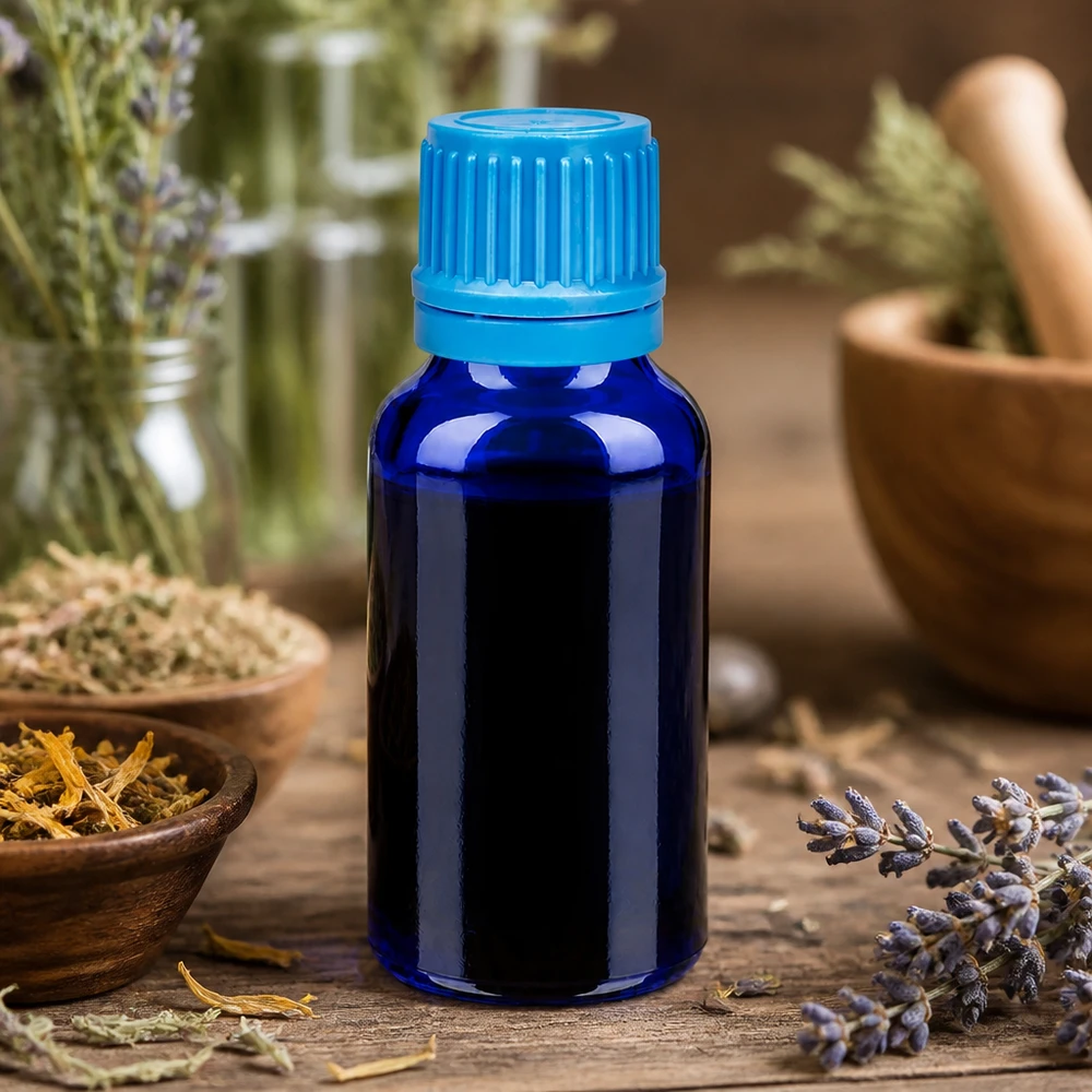 Professionell 20 ml BlueLine-flaska med turkost originallock för naturkosmetika och örtextrakt