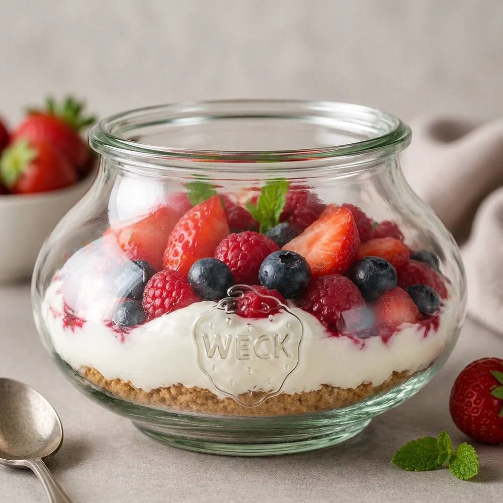 560 ml dekorativ burk WECK RR80 WECK Schmuckglas 560ml RR80 als elegantes Dessertglas mit Beerenmischung und Creme für stilvolle Tischdekoration