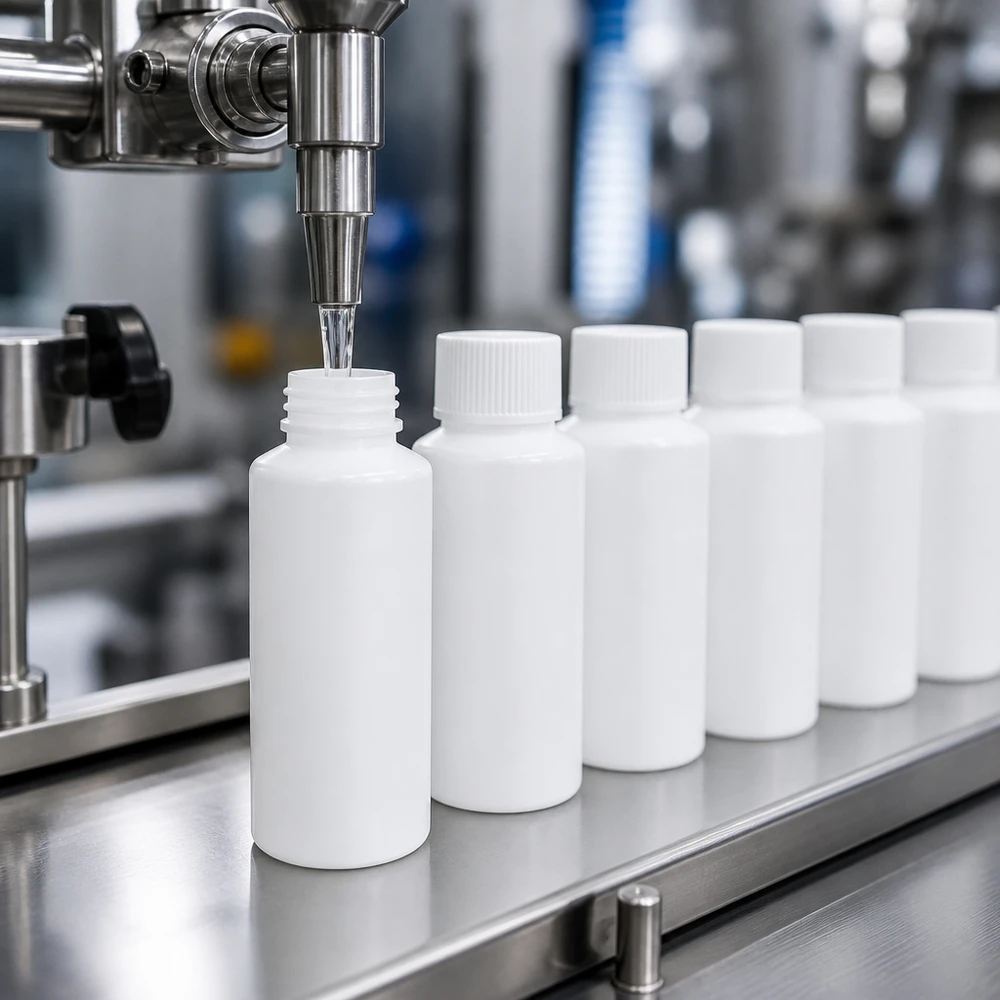 Automatisk fyllning av vita HDPE-apotekflaskor på 30 ml med skruvlock inom läkemedelsproduktionen