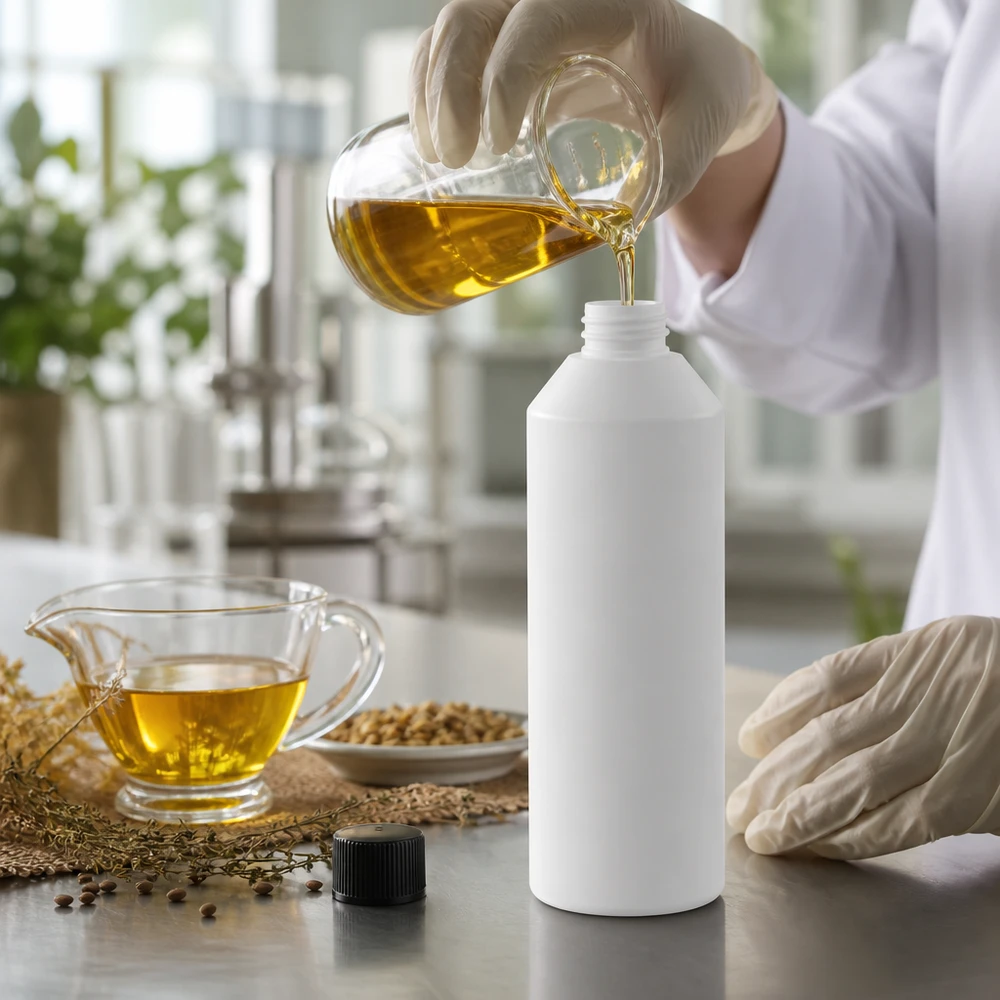 En laboratorietekniker fyller guldfärgad vegetabilisk olja i en vit 250 ml HDPE-apotekflaska med skruvlock