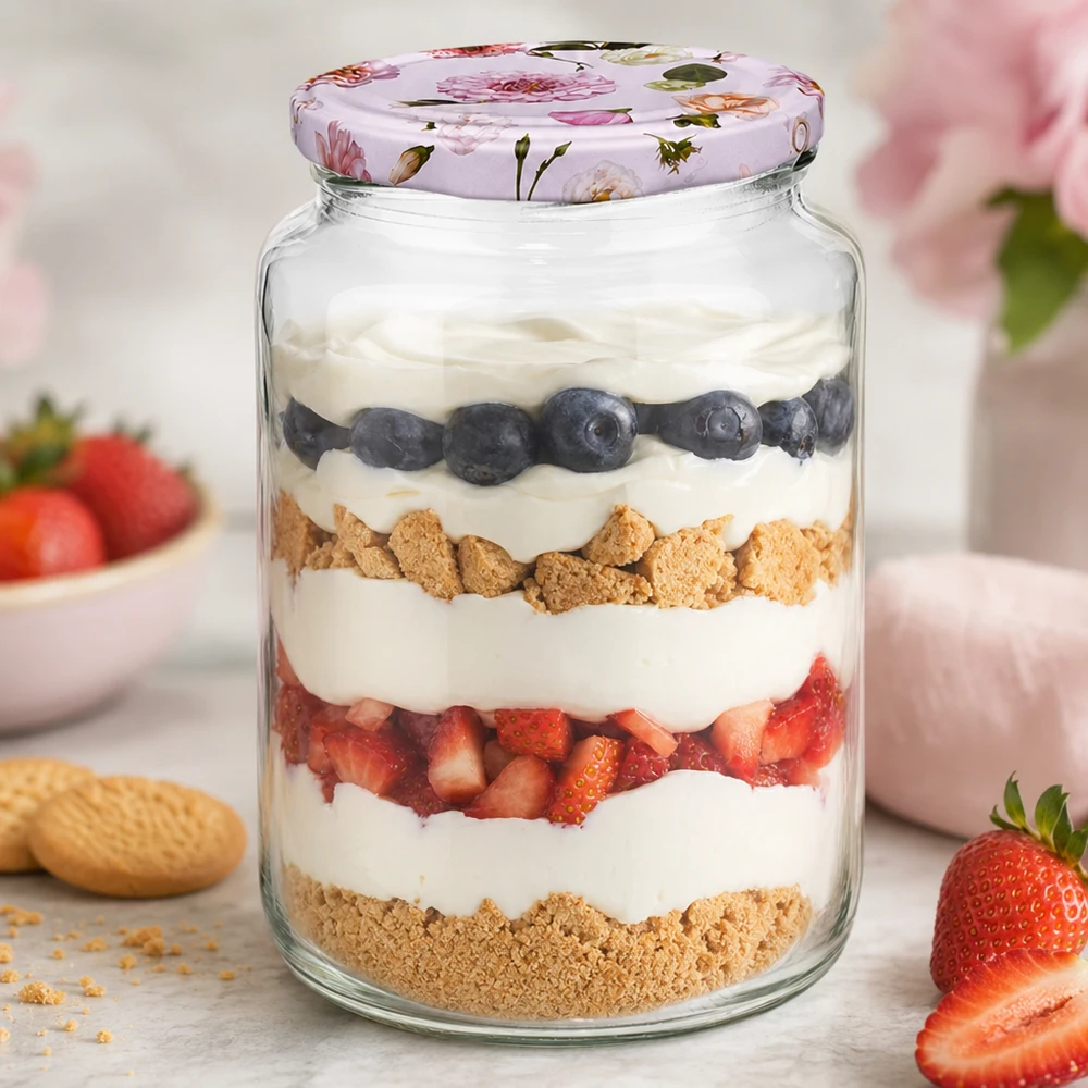 795 ml rund burk + BasicSeal-lock blomma rosa UNiTWIST 795ml rund burk med skiktad dessert yoghurt bär kex BasicSeal lock rosa blommor dessertburk kök