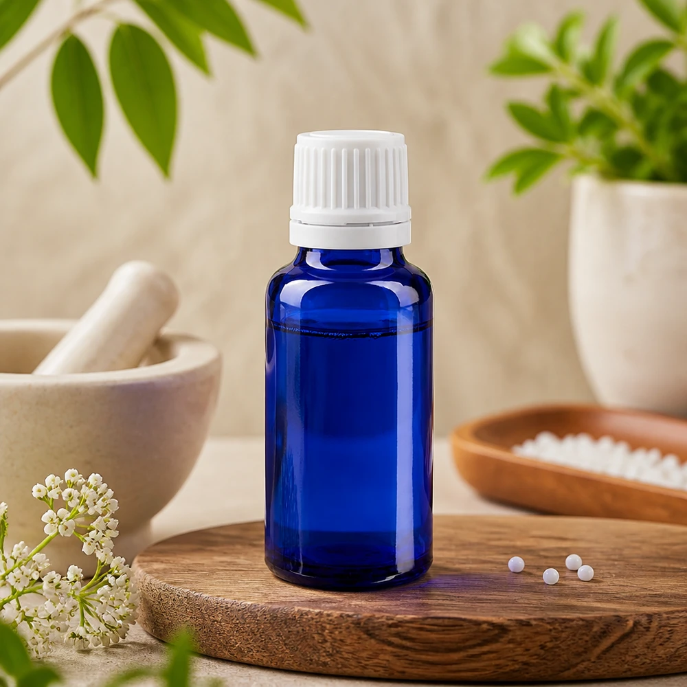 Apoteksflaska blå 20ml skruvkork vit med säkerhetsförslutning En koboltblå apoteksflaska på 20 ml med vitt skruvlock på en träbricka bredvid homeopatiska kulor