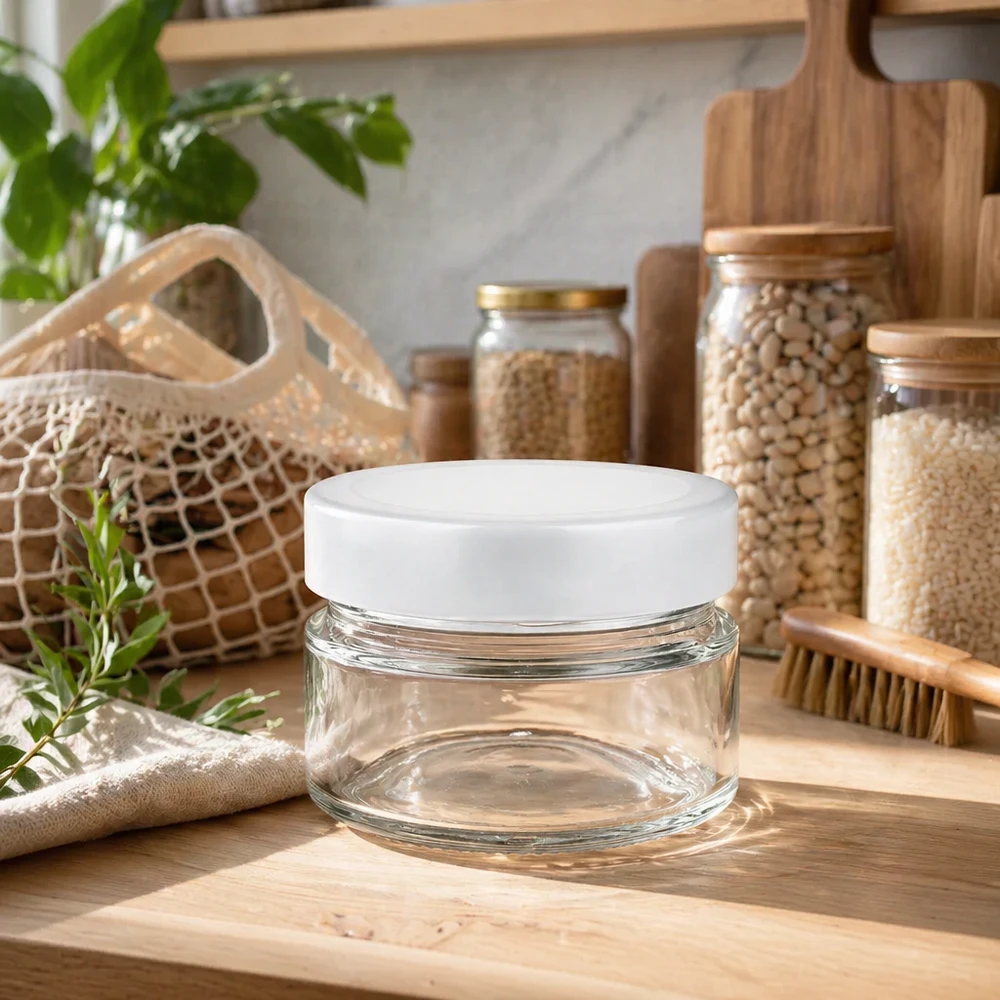 Rund glasburk 80 ml med lock BasicSeal vit djup UNiTWIST 80ml Rundglas mit BasicSeal Deckel auf Holzbrett in nachhaltiger Zero-Waste-Küche mit Vorratsglasern