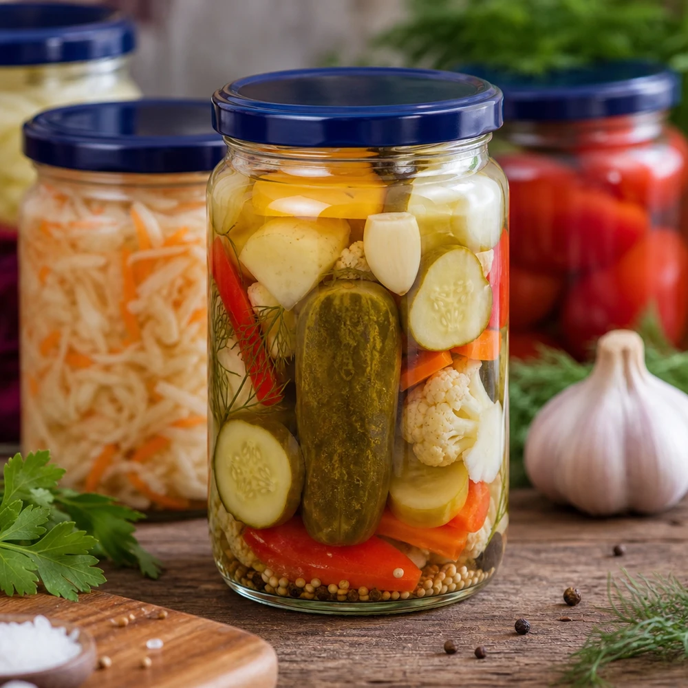 795ml rund burk + BasicSeal-lock blå UNiTWIST 795ml Rundglas mit blauem UNiTWIST Deckel gefüllt mit eingelegtem Mischgemüse Gurken und Gewürzen für Fermentation