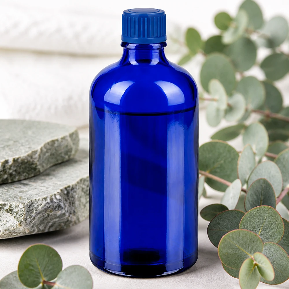 Robust apoteksflaska 100 ml av högkvalitativt blått glas med säkert skruvlock