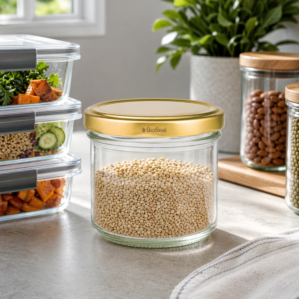 UNiTWIST 125 ml förvaringsburk fylld med quinoa - gyllene TO66-lock i modernt kök med måltidsförberedande lådor