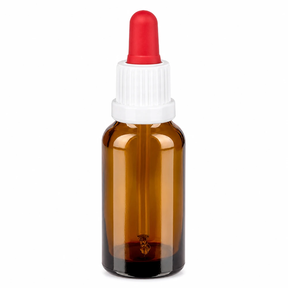 20 ml pipettflaska vit/röd med säkerhetsförslutning BrownLine UT18/20 20 ml pipettflaska brun med vitt lock och röd pipett för exakt dosering