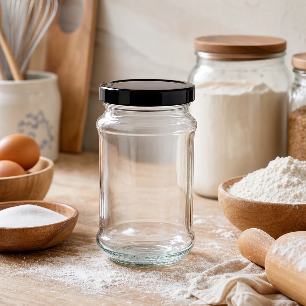 390ml rund burk + BasicSeal-lock svart djup UT 390ml rund burk med svart BasicSeal-lock i köket med bakingredienser - mångsidig förvaringsburk för mjöl och co