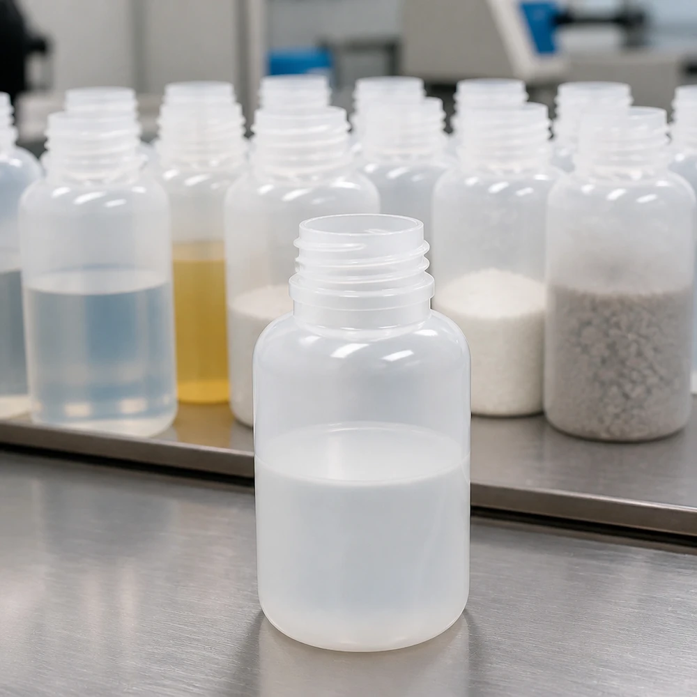 Genomskinlig 250 ml laboratorieflaska med vid hals utan lock, bredvid vätskor och pulverprover
