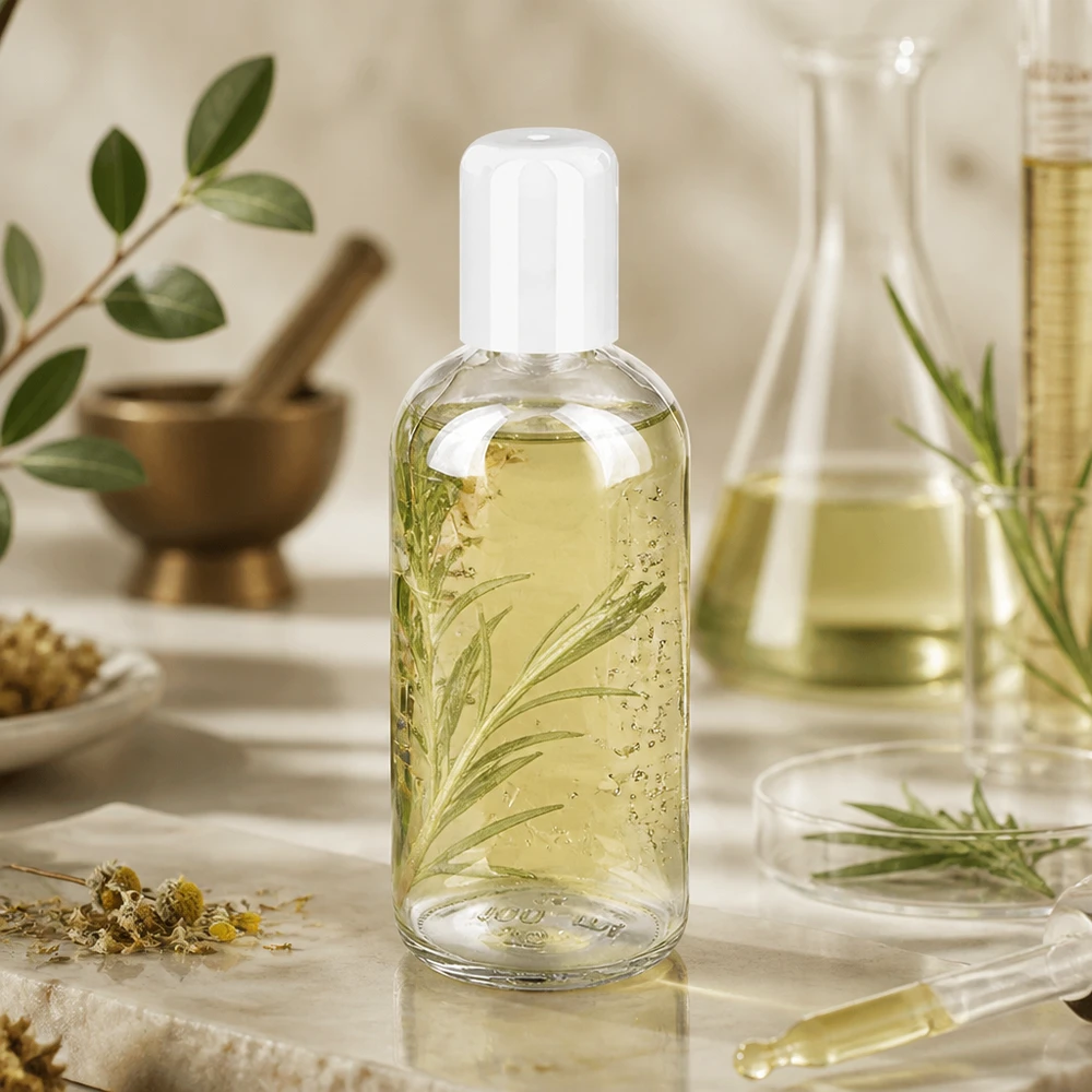 100 ml roll-on-flaska med rosmarinkvistar och örtextrakt i en genomskinlig PET-behållare