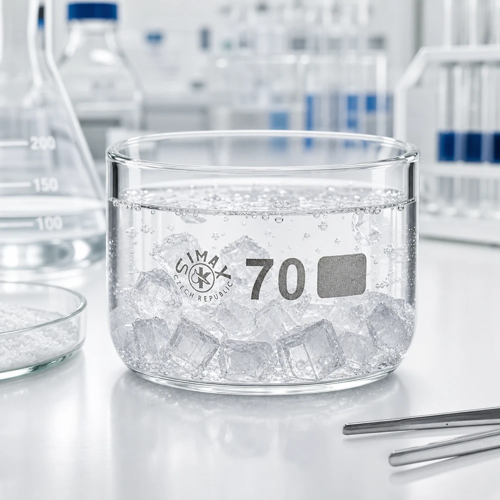 100ml kristalliseringsskål utan pip borosilikat ø70mm Kristallisationsskål på 100 ml fylld med isbitar i ett laboratorium på en vit arbetsyta