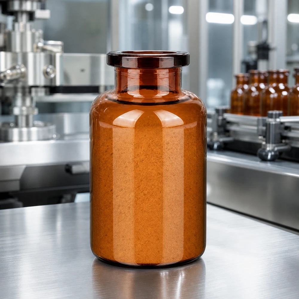Injektionsflaska av bärnstensfärgat glas 20ml Zylindrische Injektionsflasche 20ml Braunglas gefüllt mit orangem Lyophilisat