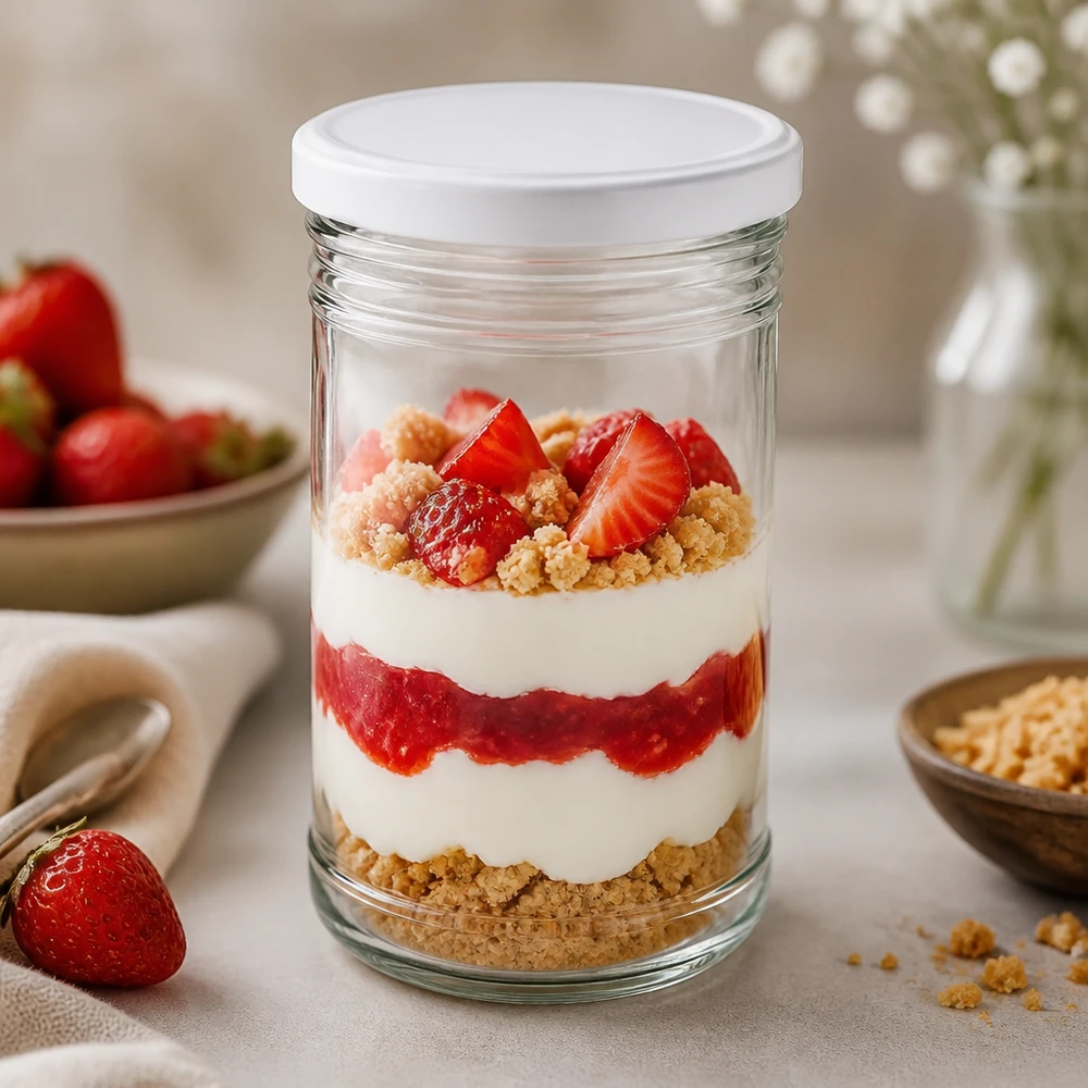 1053ml tumlare som dessertburk med jordgubbs- och gräddlagrad dessert BasicSeal lock vit dessert i burk