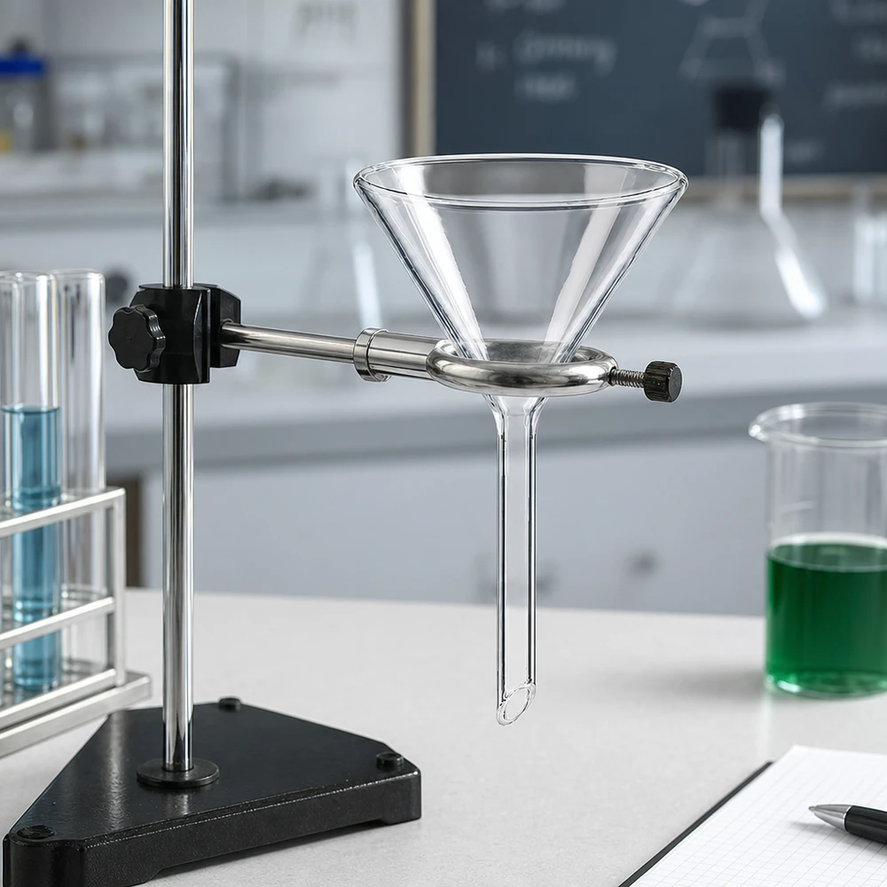 Tratt ø60mm soda lime, vinkel 60°, kort modell Laboratorietratt tillverkad av robust soda-lime-glas med kompakt kort handtag för platsbesparande förvaring