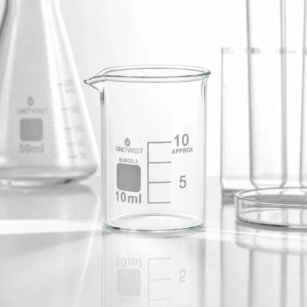 Bägare 10ml borosilikat, lågformad UNiTWIST UNiTWIST mätbägare 10 ml, låg form, tillverkad av värmetåligt borosilikatglas 3.3 med pip