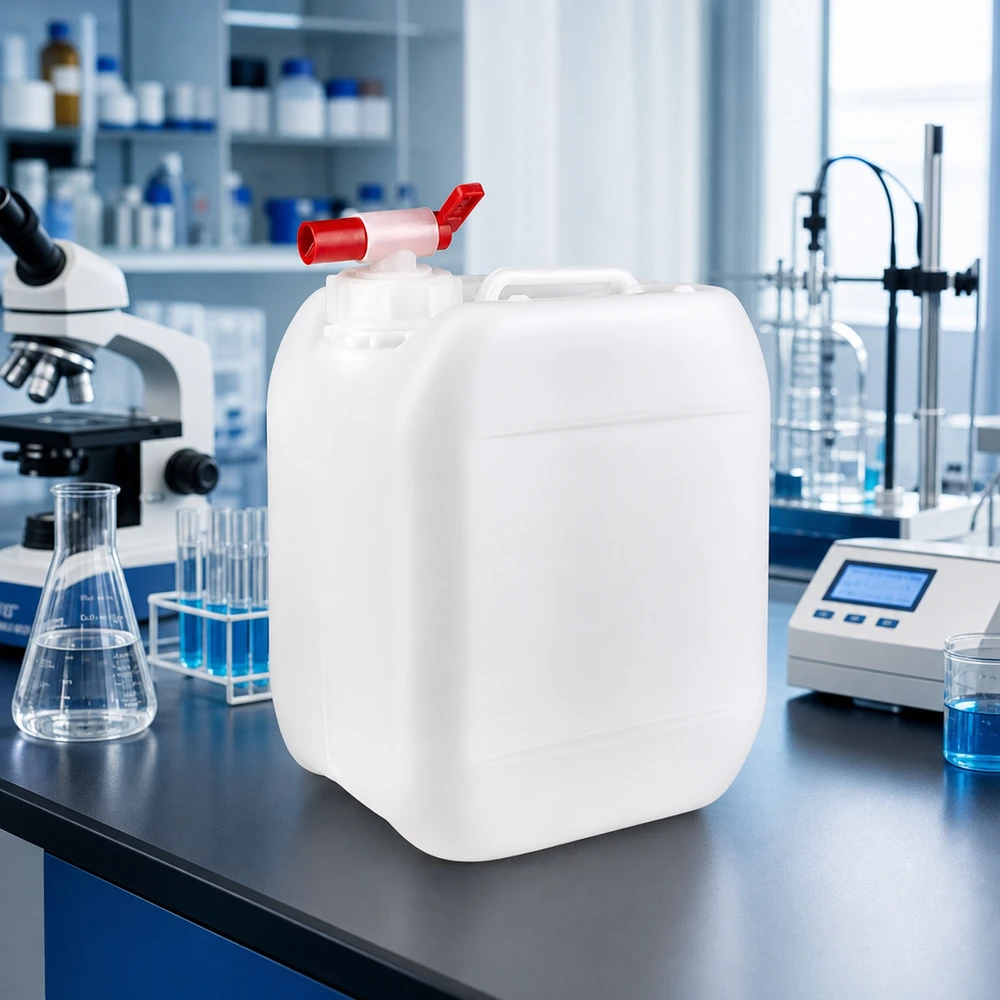 Dunk 5 liter med avtappningskran Rektangulär 5-litersdunk med röd tappkran på laboratoriebordet bredvid mikroskopet och Erlenmeyerkolven