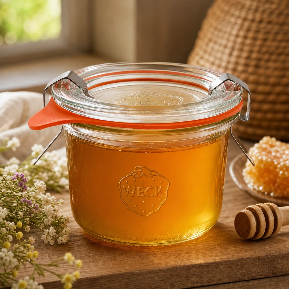 80ml Krossade glasögon komplett WECK RR60 WECK tumlare 80ml RR60 fyllda med honung och honungssked visar naturlig förvaring av flytande produkter