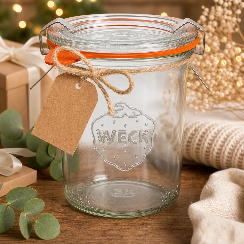 160ml Krossade glasögon komplett WECK RR60 WECK 160 ml RR60 murarburk som en presentidé dekorerad till jul med en kraftpappersetikett och juteband