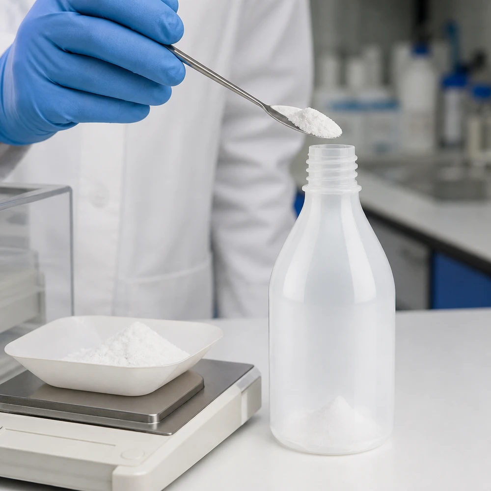 En laborant fyller 100 ml-flaskor med smal hals med vitt pulver med hjälp av en spatel i laboratoriet