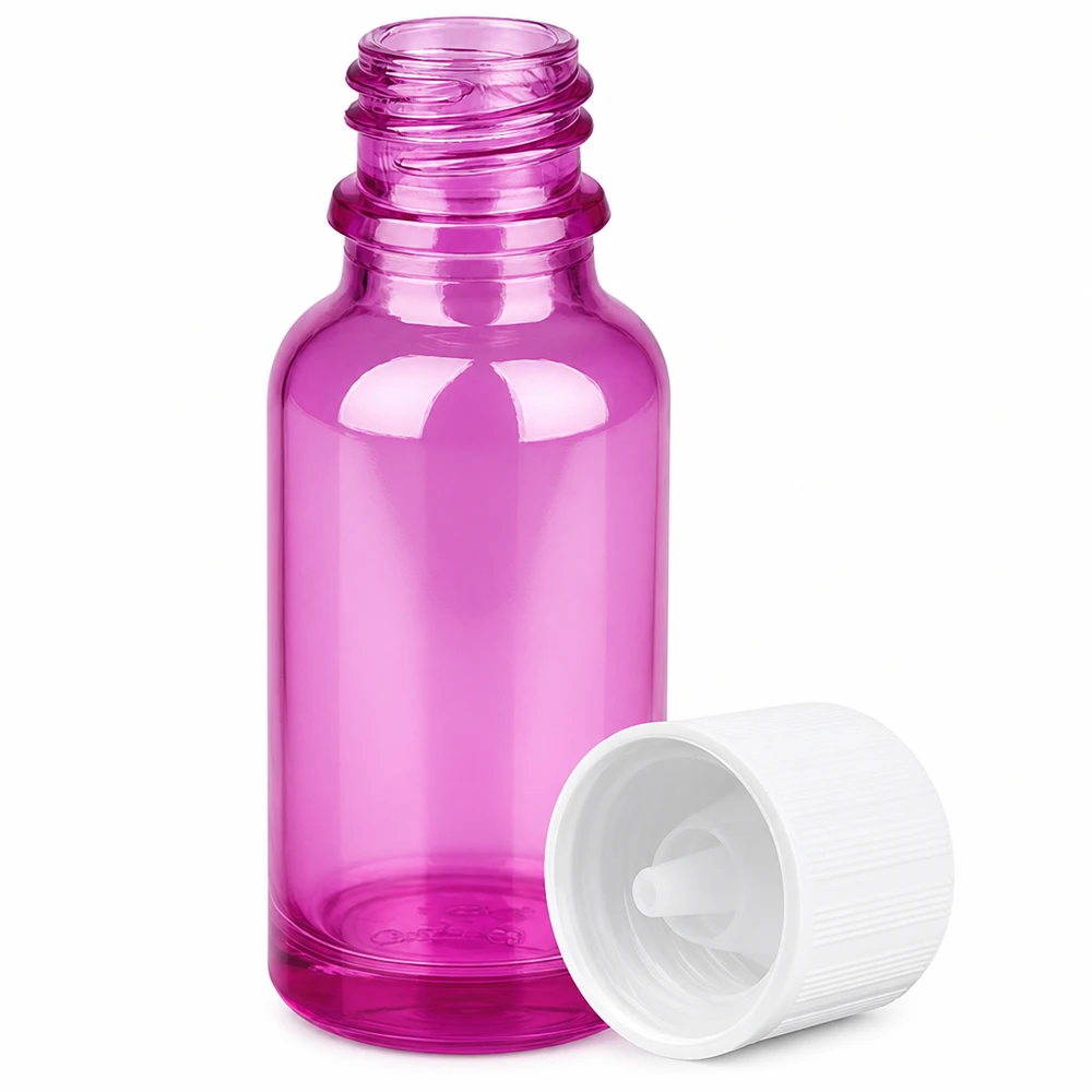 Liten 20 ml droppflaska i violett glas med praktisk droppinsats för eteriska oljor