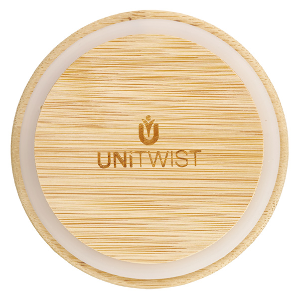 Otryckt trälock (bok) för WECK RR80 Bambulock RR80 ovanifrån med UNITWIST-logotyp och synliga träådringar för WECK konserveringsburkar med 80 mm diameter