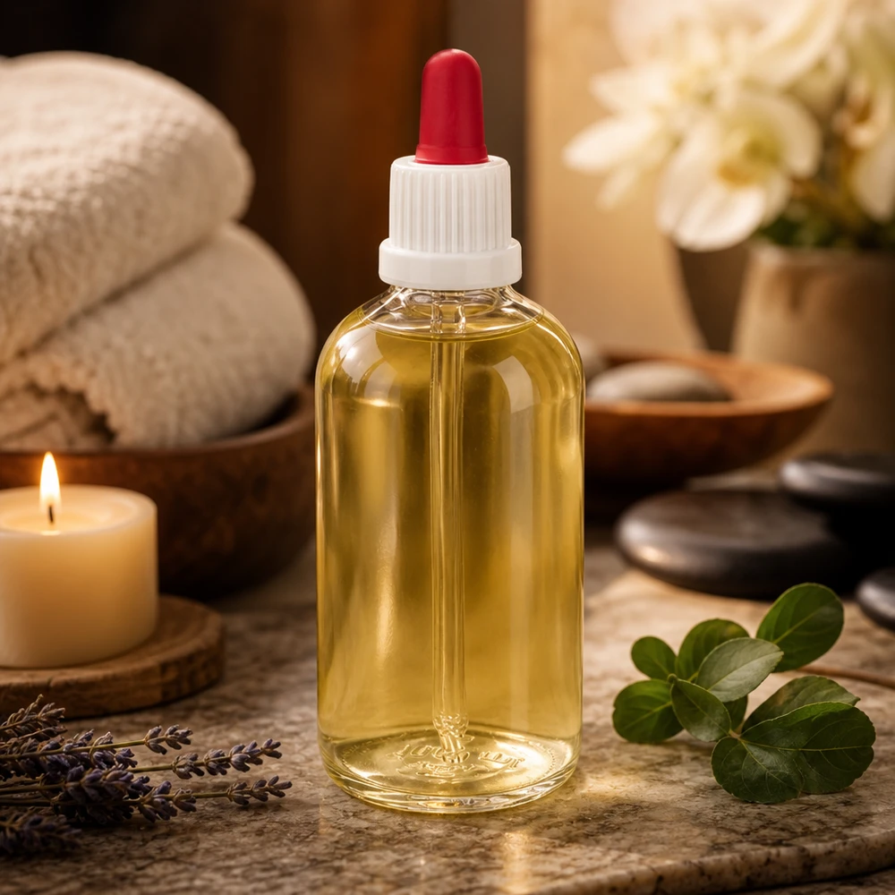100 ml pipettflaska vit/röd med säkerhetsförslutning ClearLine UT18/100 Pipettflaska i klart glas, 100 ml, med vit doseringskork och röd kula för oljor och serum