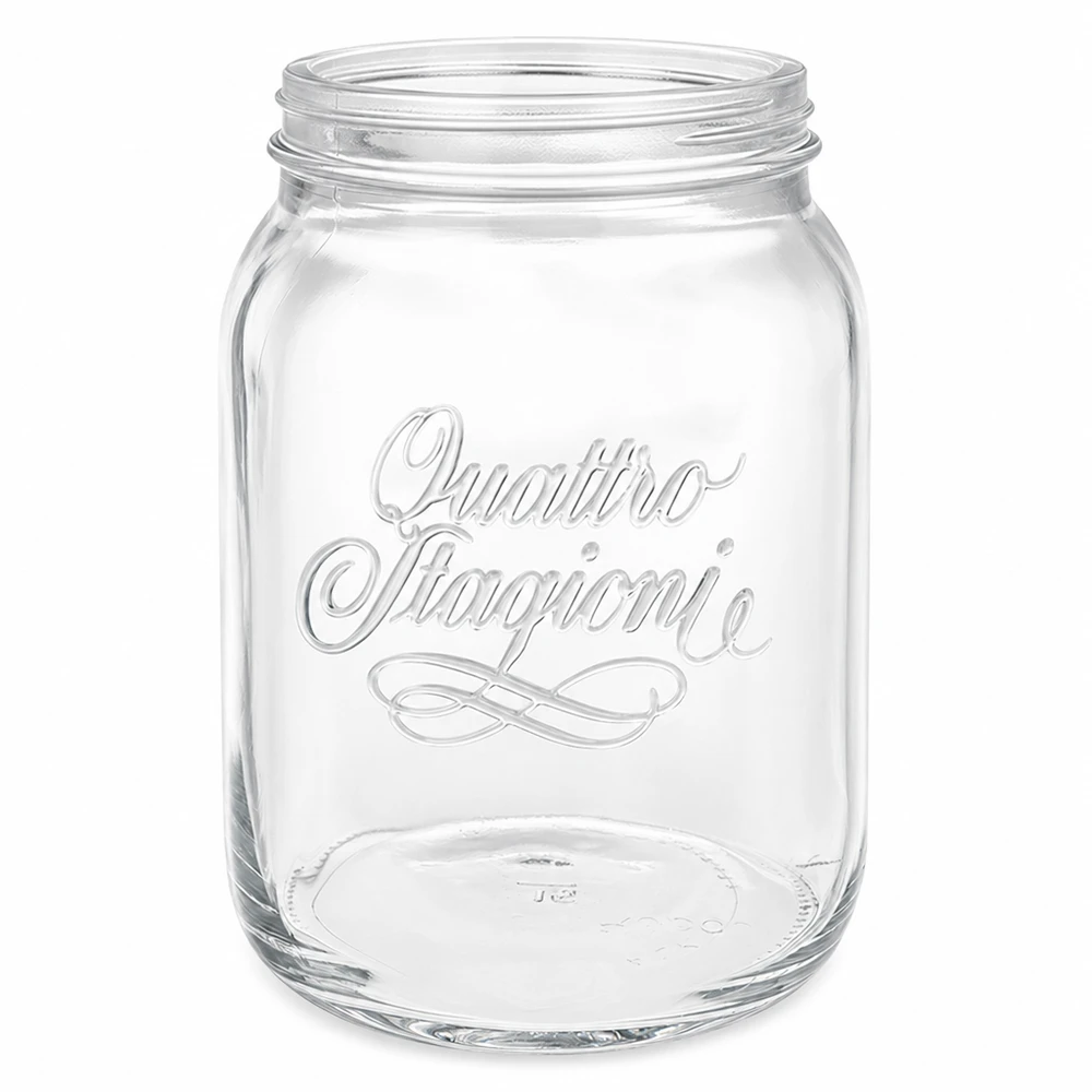 2000ml rund burk "Quattro Stagioni" QS110mm Hushållsburk Quattro Stagioni 2000ml med logotyp Konserveringsburk transparent utan lock på vit bakgrund