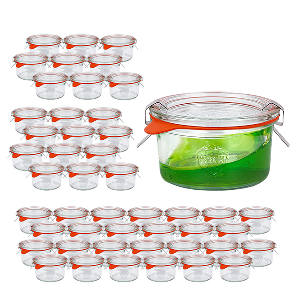 Set om 48 Weck-burkar 165ml Krossade glasögon med 48 glaslock Set om 48 Weck-burkar 165ml Krossade glasögon med 48 glaslock
