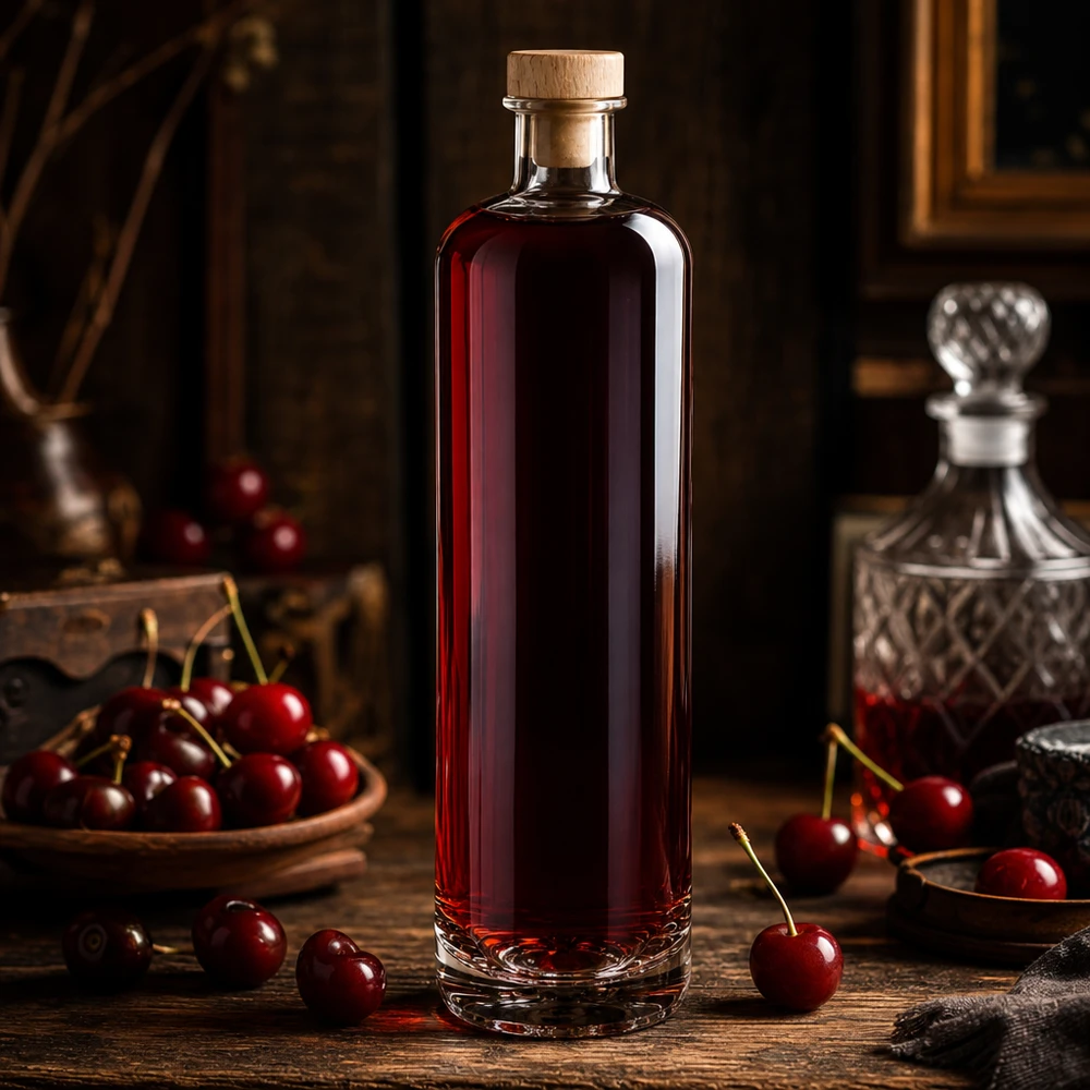 700 ml glasflaska Ella med kork med trähandtag UNiTWIST® 700 ml glasflaska Ella fylld med körsbärslikör och träkork i en elegant destilleriatmosfär med färska körsbär