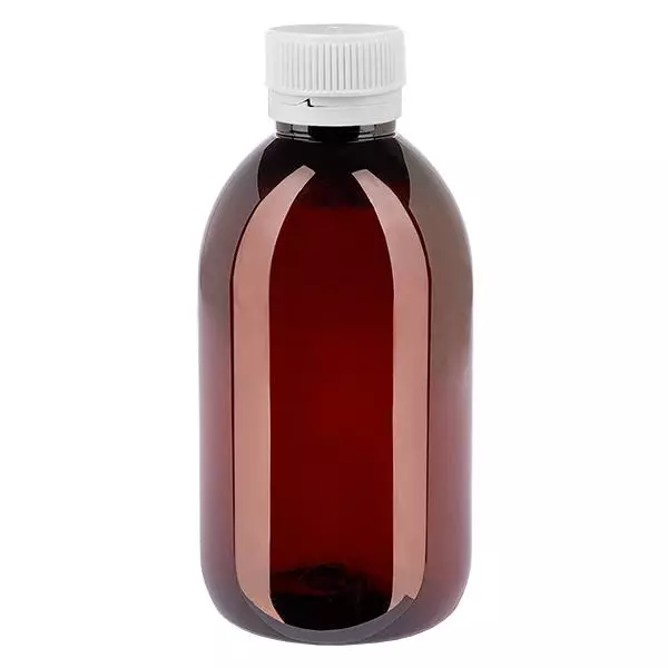 PET-flaska 250ml med vitt säkerhetslock, räfflat PET-flaska 250ml med vitt säkerhetslock, räfflat