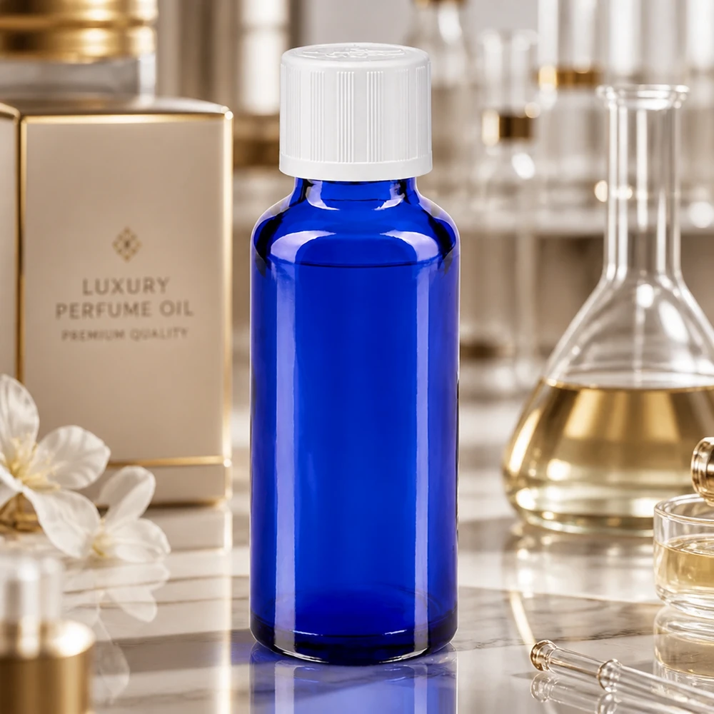 30 ml laboratorieflaska av koboltblått glas med vitt barnsäkert lock i laboratoriemiljö
