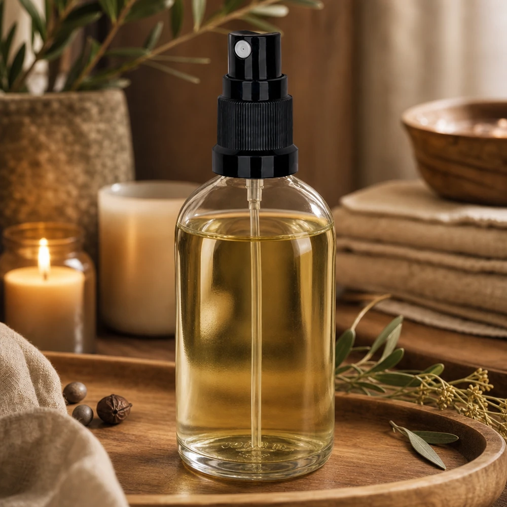 Aromaterapiflaska med spray, 100 ml, glas med guldfärgad olja och svart sprayhuvud – skapar en avslappnande atmosfär