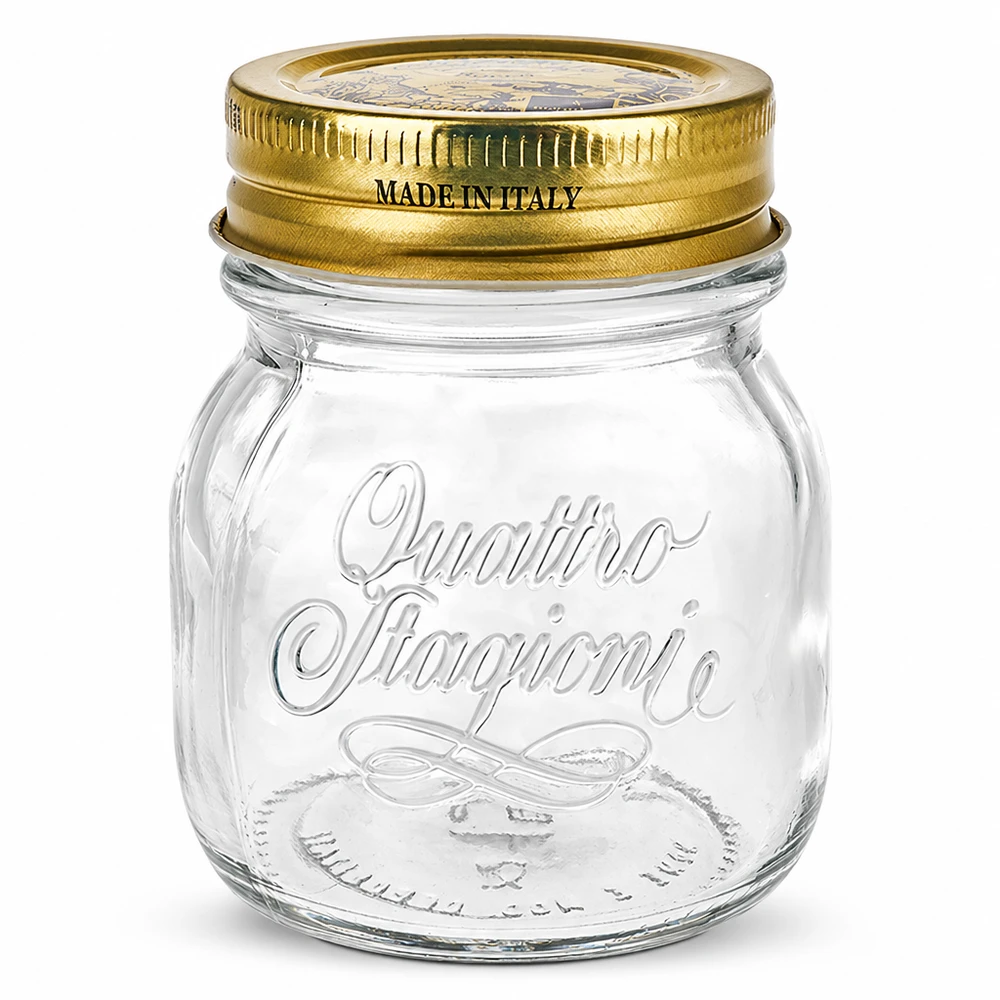 150 ml rund burk "Quattro Stagioni" med lock 150 ml rund burk Quattro Stagioni med gyllene lock Tillverkad i Italien för konservering och konservering