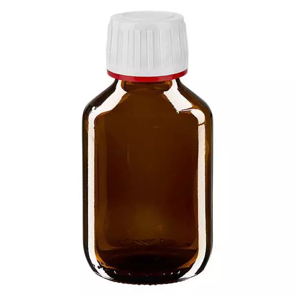 100 ml medicinflaska brun, lock vitt med manipuleringssäker ring röd ApoGlas 100 ml medicinflaska brun, lock vitt med manipuleringssäker ring röd ApoGlas