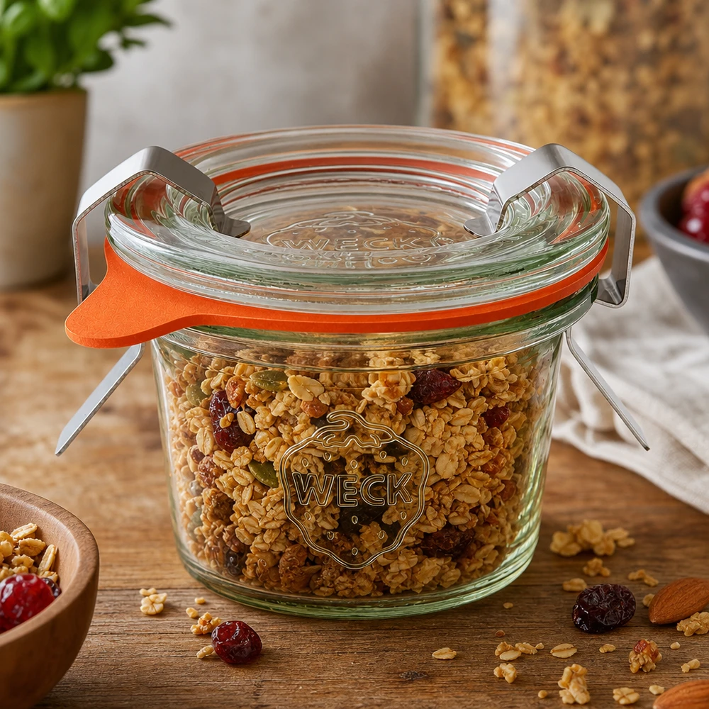 WECK 35ml RR40 murarburk fylld med müsli och torkad frukt visar mångsidig användning som förvaringsburk