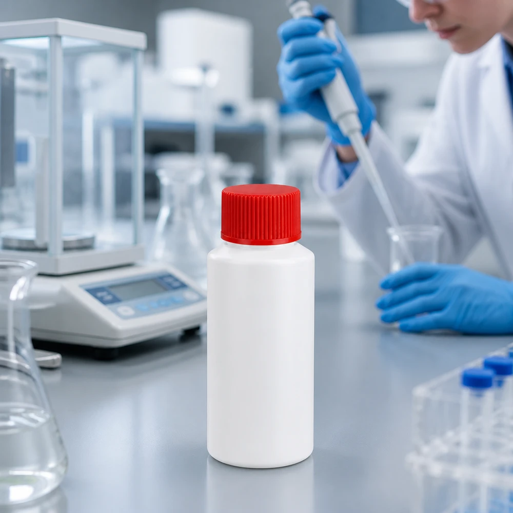 Apoteksflaska HDPE 30ml vit, med rött skruvlock Liten vit HDPE-flaska på 30 ml med rött säkerhetslock i en professionell laboratoriemiljö