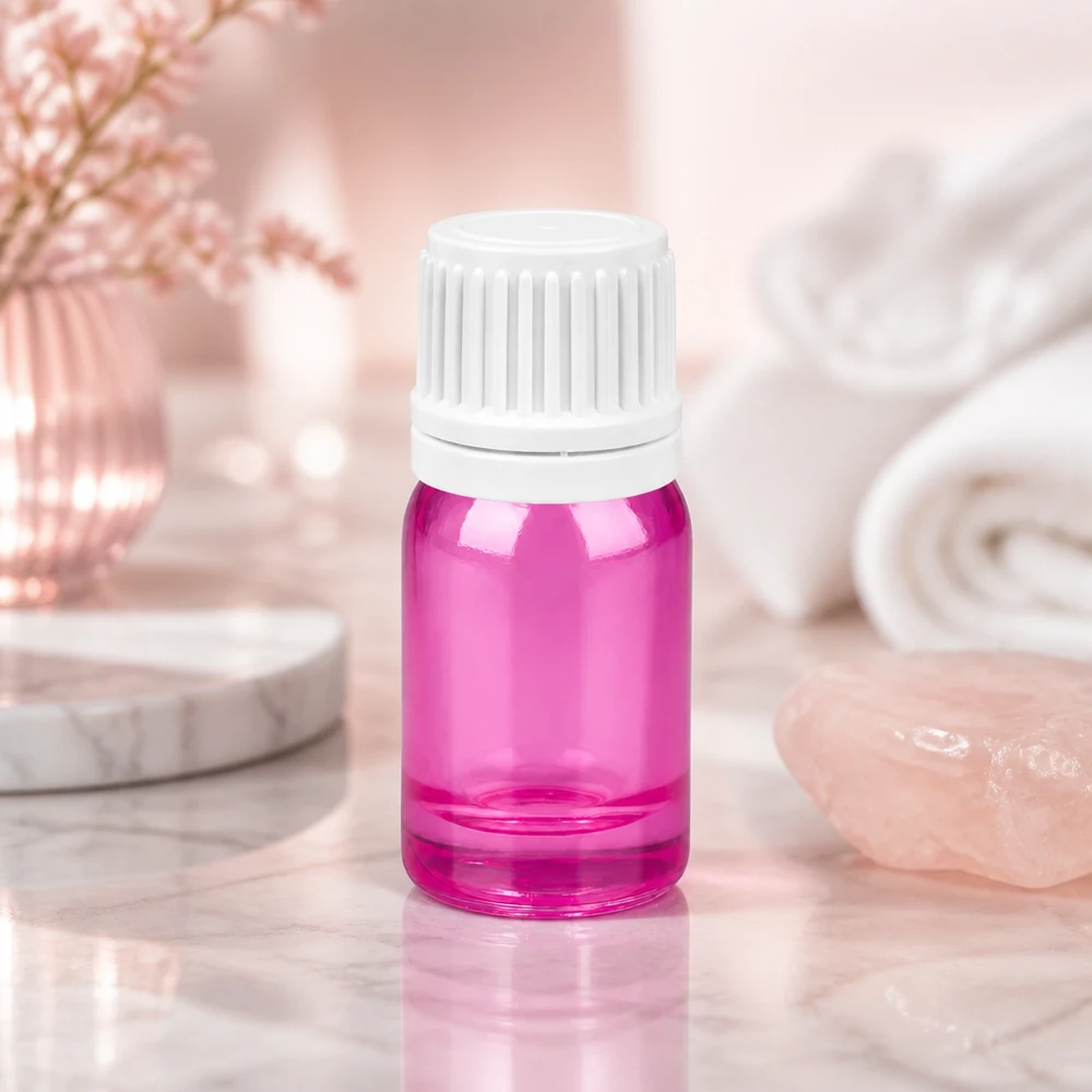 Elegant 5ml glasflaska i ljus violett med vitt lock för hudvårdsprodukter