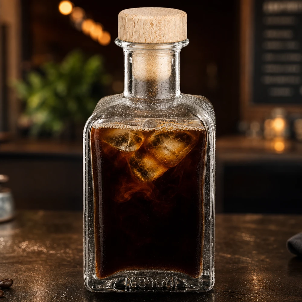200 ml apoteksflaska Clara med träkork UNiTWIST® 200 ml glasflaska Clara fylld med isbitar av kallbryggt kaffe träkork stämningsfull belysning caféstämning