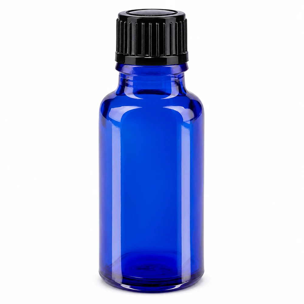 Apoteksflaska blå 20ml skruvlock svart standard 20 ml blå apotekarflaska i glas med svart skruvlock, 11 mm standard