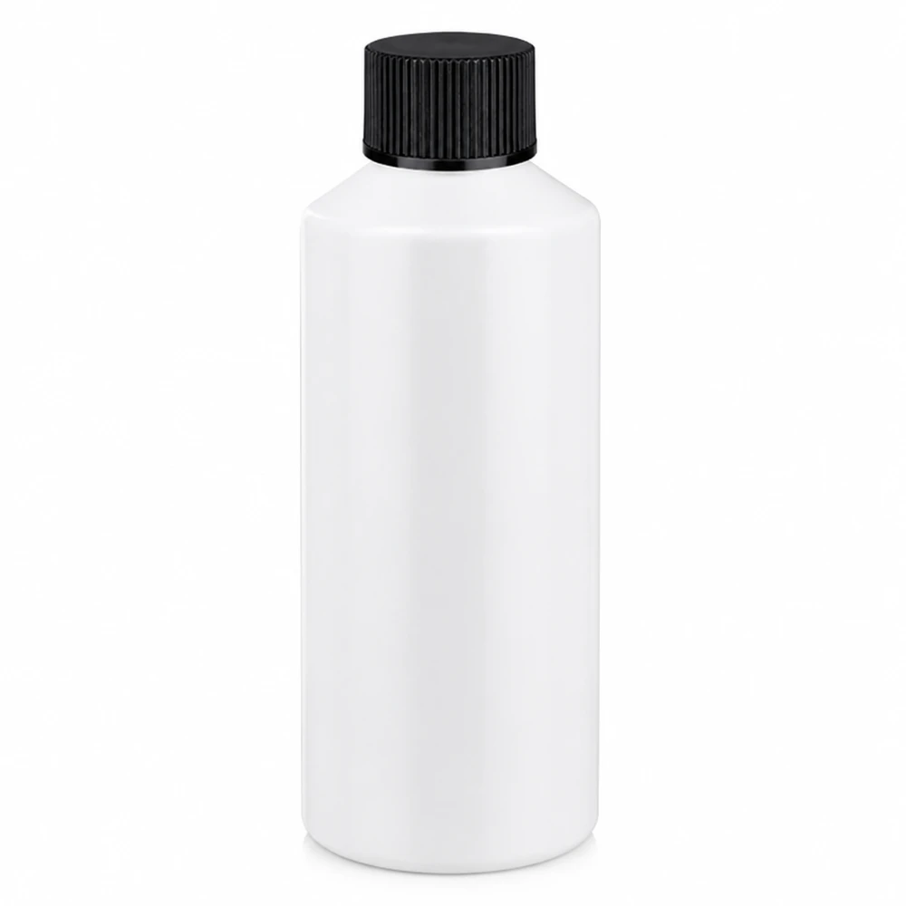 Apoteksflaska HDPE 100ml vit, med svart skruvlock Apoteksflaska i HDPE, 100 ml, vit med svart skruvlock, tillverkad av livsmedelsgodkänd plast