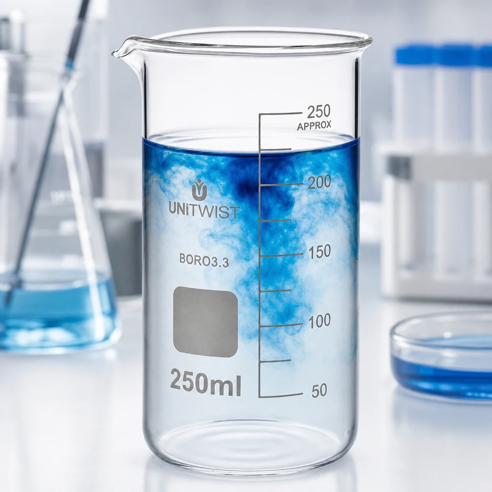 Genomskinligt borosilikatglas, bägare, 250 ml, hög form, med blå lösning och vit dimma