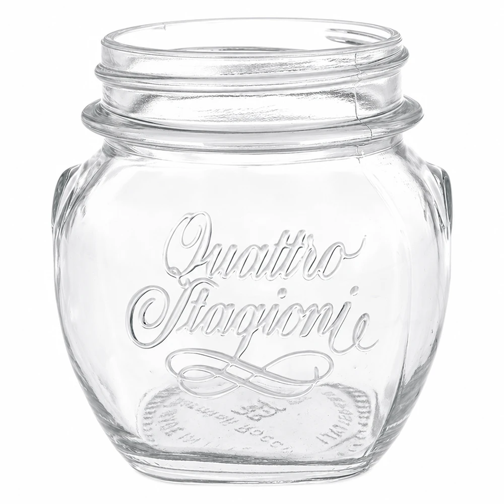 300ml runt glas "Quattro Stagioni" QS70mm 300 ml Quattro Stagioni konserveringsburk av klarglas med präglad logotyp och skruvgänga för konservering