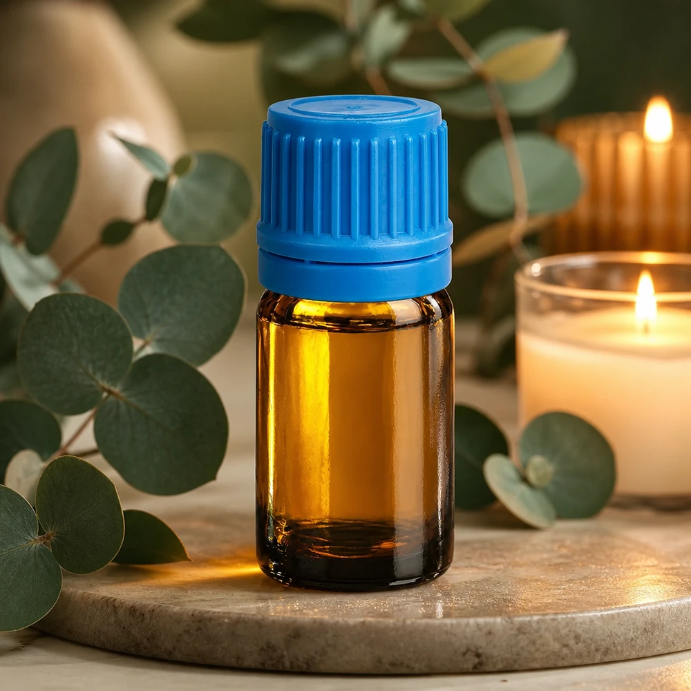 5 ml aromaterapiflaska tillverkad av UV-skyddad bärnstensfärgad glas med säkert blått skruvlock