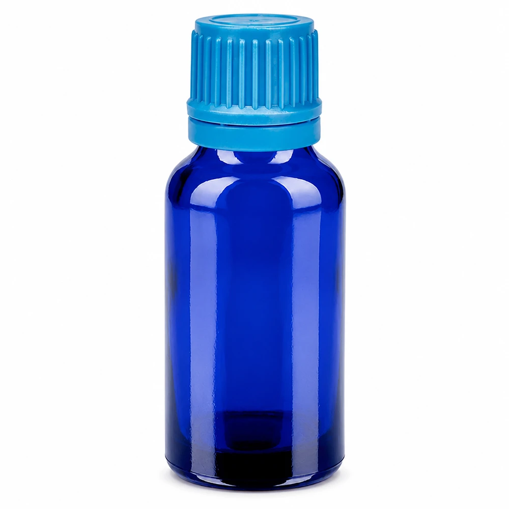 20ml flaska 11mm skruvkork blå sabotageskyddad kork BlueLine UT18/20 20 ml blå glasflaska med skruvlock för eteriska oljor och tinkturer