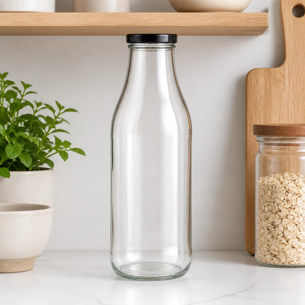 Tom 1000 ml glasflaska med svart lock i modernt kök bredvid trähyllor och örtväxt