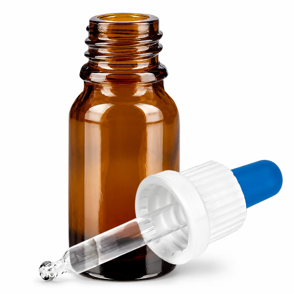 10ml pipettflaska vit/blå med säkerhetsförslutning BrownLine UT18/10 10 ml pipettflaska i bärnstensfärgat glas med dropplock för kosmetika och eteriska oljor