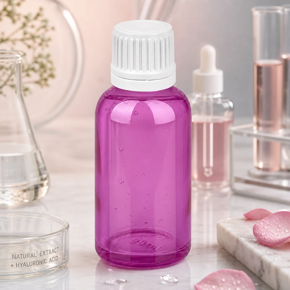 30ml flaska 11mm skruvkork vit Originality skruvkork PurpleLine UT18/30 Lila 30 ml kosmetikflaska med vitt skruvlock för serum och ansiktsvård