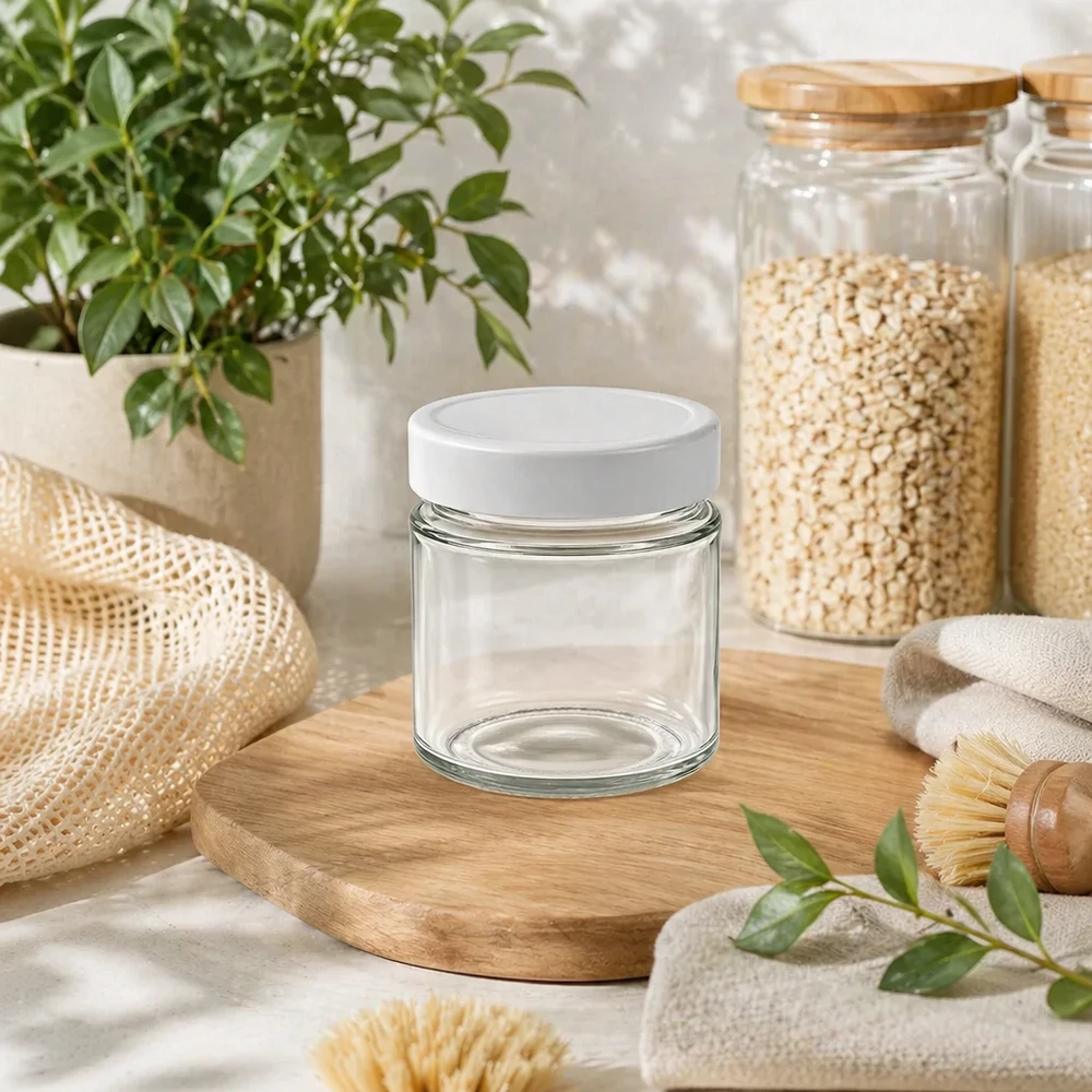 135ml rund burk BasicSeal lock vit hållbar zero waste livsstil bambu lock träskiva kök organisation