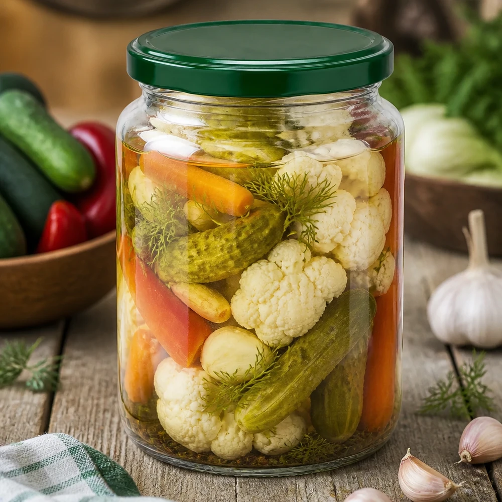 795ml rund burk + BasicSeal-lock grön UNiTWIST UNiTWIST rund burk 795ml med picklade grönsaker och dill - grönt BasicSeal-lock för konservering och fermentering